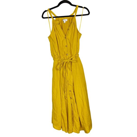 Evereve S Yellow Elliot Midi Dress Button Front Pockets Cotton Belt Tie Waist - Picture 1 of 13